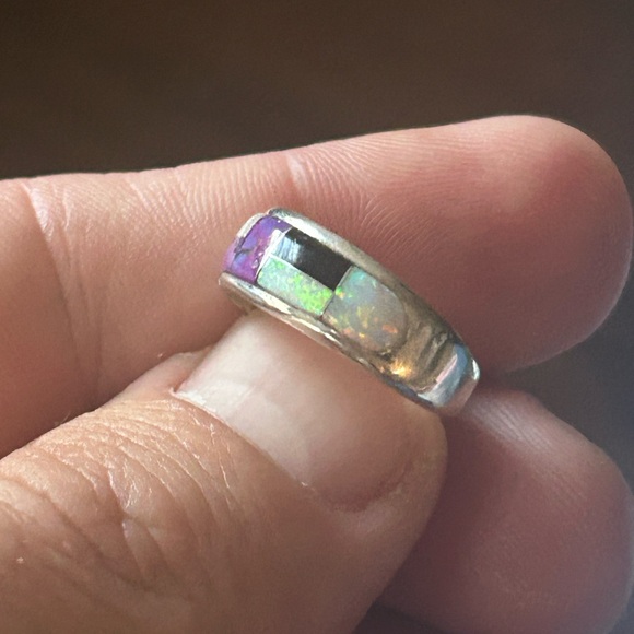 STERLING SILVER NATIVE AMERICAN SIGNED MOJAVE TURQUOISE OPAL ONYX SIGNED RING 7 - Picture 6 of 10